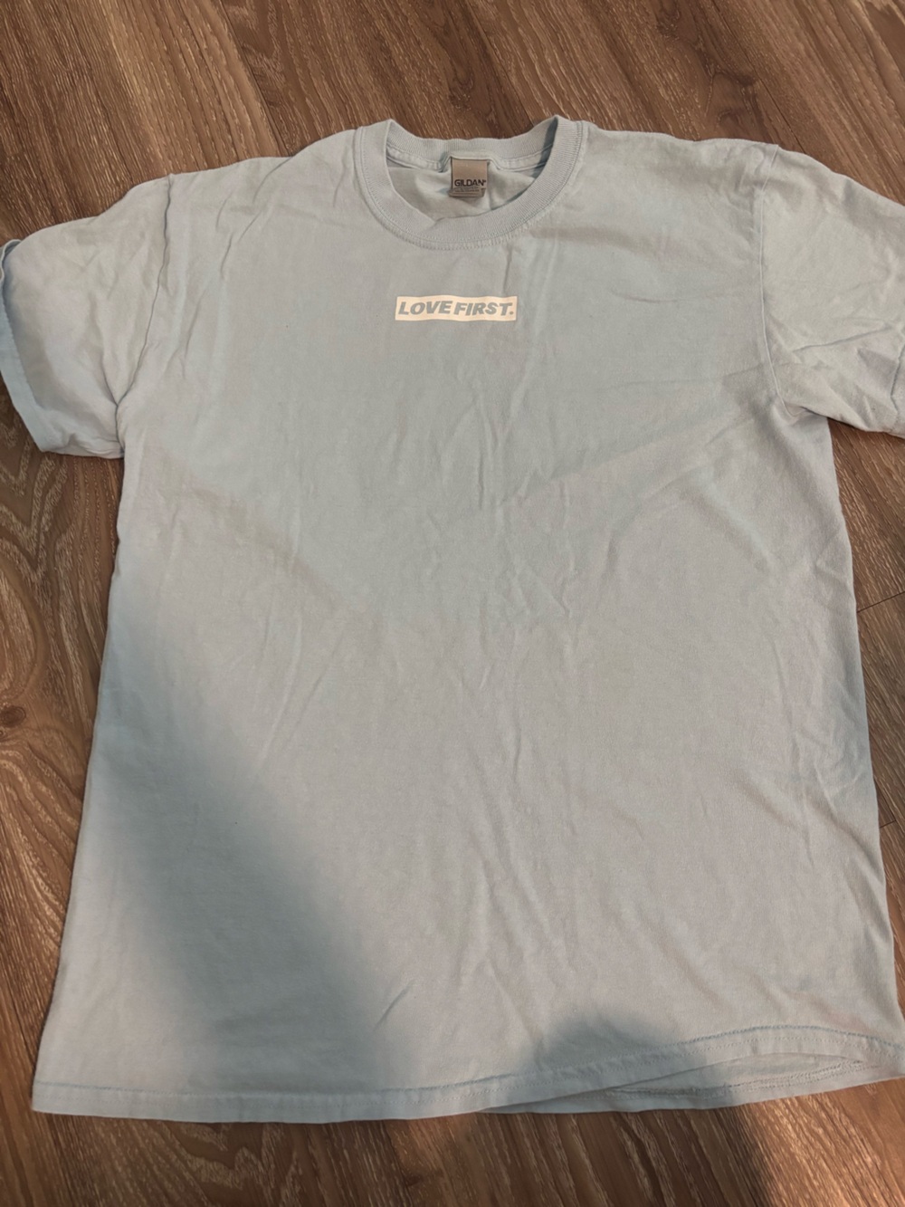 Gildan Light Blue 'LOVE FIRST' Crew Neck Tee
